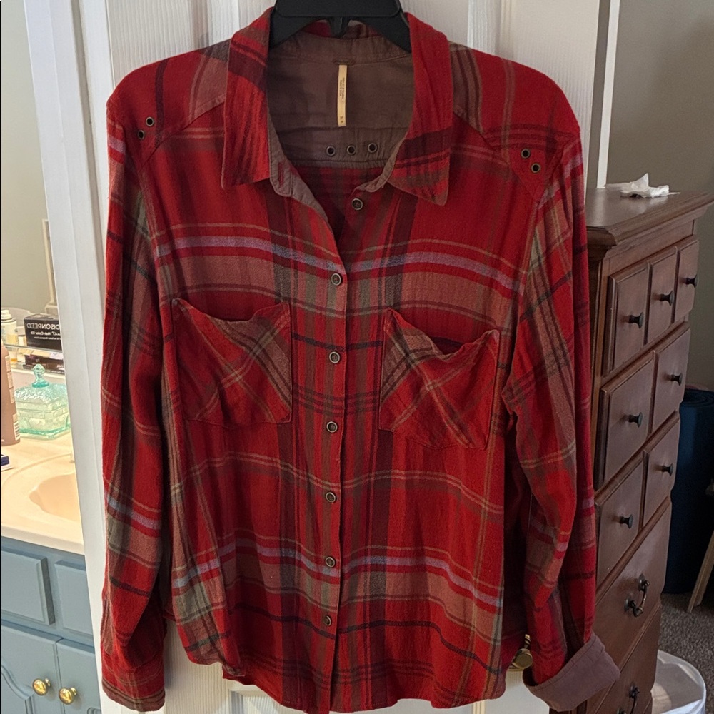 Free People Red Plaid Button-Up Shirt SZ M